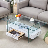 43.3 Inch Modern Two-Tier Coffee Table - Clear Tempered Glass And Natural Wood Grain, Multifunctional Storage Design.The Bottom Tier Includes A Drawer.Can Be Used As A Coffee Table,side Table,etc