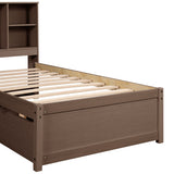 Modern Twin Size Bed Frame With Built-in USB Port On Bookcase Headboard And 2 Drawers For Walnut Color