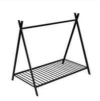 House Bed Tent Bed Frame Double Size Metal Floor Play House Bed With Slats For Kids Boys Girls No Spring Mattress Black