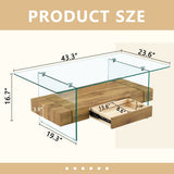 43.3 Inch Modern Two-Tier Coffee Table - Clear Tempered Glass And Natural Wood Grain, Multifunctional Storage Design.The Bottom Tier Includes A Drawer.Can Be Used As A Coffee Table,side Table,etc