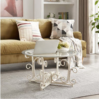 Round Tempered Glass Coffee Table,with Metal Leaf Shape Base,Leisure Cocktail Table With Tempered Glass Top For Living Room