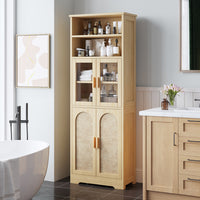 4-door, 6-story Display Cabinet With Rattan Surface And Triamine Board Veneer, In Natural Wood Color
