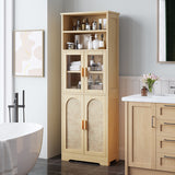 4-door, 6-story Display Cabinet With Rattan Surface And Triamine Board Veneer, In Natural Wood Color