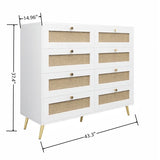 White Color 8 Drawers Chest Of Drawers With Rattan Drawer Face Golden Legs And Handles