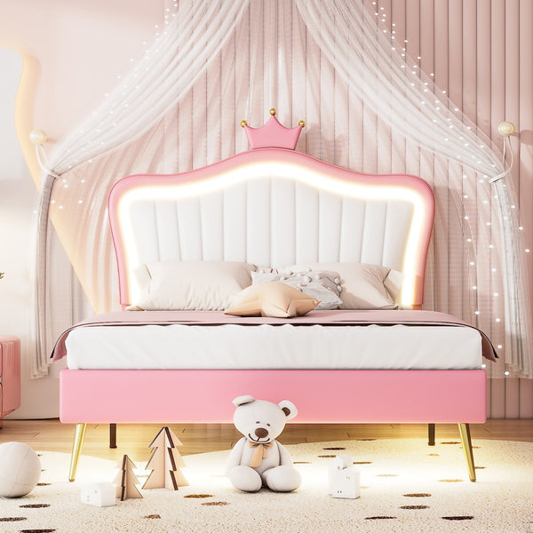Full Size Upholstered Bed Frame With LED Lights & Crown Headboard