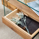 43.3 Inch Modern Two-Tier Coffee Table - Clear Tempered Glass And Natural Wood Grain, Multifunctional Storage Design.The Bottom Tier Includes A Drawer.Can Be Used As A Coffee Table,side Table,etc