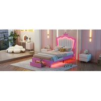 Twin Size Upholstered Bed Frame With LED Lights, Modern Upholstered Princess Bed With Crown Headboard, A Drawer