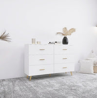 High Glossy Surface 6 Drawers Chest Of Drawer With Golden Handle And Golden Steel Legs White Color Vanity
