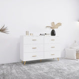 High Glossy Surface 6 Drawers Chest Of Drawer With Golden Handle And Golden Steel Legs White Color Vanity