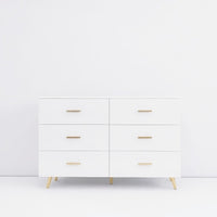 High Glossy Surface 6 Drawers Chest Of Drawer With Golden Handle And Golden Steel Legs White Color Vanity