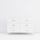 High Glossy Surface 6 Drawers Chest Of Drawer With Golden Handle And Golden Steel Legs White Color Vanity