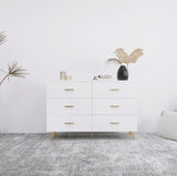 High Glossy Surface 6 Drawers Chest Of Drawer With Golden Handle And Golden Steel Legs White Color Vanity