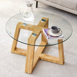 Modern Practical Circular Coffee Tables. Made Of Transparent Tempered Glass Tabletop And Wood Colored MDF Material. Suitable For Living Rooms And Bedrooms.31.5X31.5X17.7
