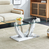 Modern Minimalist Transparent Tempered Glass Coffee Table With Marble Patterned MDF Legs And Stainless Steel Decorative Columns. Computer Desk. Game Table