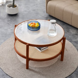 Modern Minimalist Circular Double Layer Solid Wood Coffee Table  Craft Glass Tabletop Second Layer Material PE Rattan, Solid Wood Frame 34.6 X34.6x 17.7
