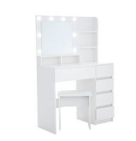 Vanity, Makeup Vanity Desk Set With Mirror & Light, Dressing Table Storage Lots With Power Strip, 3 Lighting Modes With Adjustable Brightness, 37 Inches White With Stool