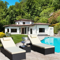 3-Piece Outdoor Patio Furniture Set Chaise Lounge, Patio Reclining Rattan Lounge Chair Chaise Couch Cushioned With Glass Coffee Table, Adjustable Back And Feet, Lounger Chair For Pool Garden, Beige