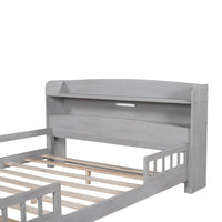 Wood Full Size Platform Bed With Built-in LED Light, Storage Headboard And Guardrail, Antique Grey