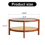 Modern Minimalist Circular Double Layer Solid Wood Coffee Table  Craft Glass Tabletop Second Layer Material PE Rattan, Solid Wood Frame 34.6 X34.6x 17.7