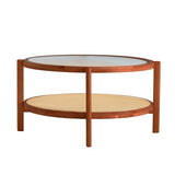 Modern Minimalist Circular Double Layer Solid Wood Coffee Table  Craft Glass Tabletop Second Layer Material PE Rattan, Solid Wood Frame 34.6 X34.6x 17.7