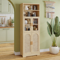 4-door, 6-story Display Cabinet With Rattan Surface And Triamine Board Veneer, In Natural Wood Color