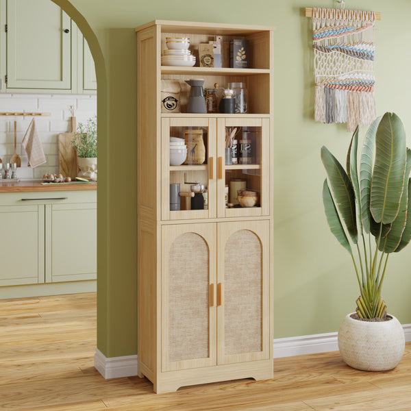 4-door, 6-story Display Cabinet With Rattan Surface And Triamine Board Veneer, In Natural Wood Color
