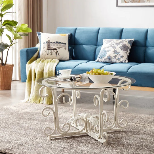 Round Tempered Glass Coffee Table,with Metal Leaf Shape Base,Leisure Cocktail Table With Tempered Glass Top For Living Room