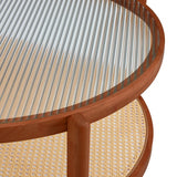Modern Minimalist Circular Double Layer Solid Wood Coffee Table  Craft Glass Tabletop Second Layer Material PE Rattan, Solid Wood Frame 34.6 X34.6x 17.7