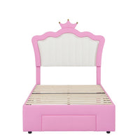 Twin Size Upholstered Bed Frame With LED Lights, Modern Upholstered Princess Bed With Crown Headboard, A Drawer