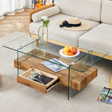 43.3 Inch Modern Two-Tier Coffee Table - Clear Tempered Glass And Natural Wood Grain, Multifunctional Storage Design.The Bottom Tier Includes A Drawer.Can Be Used As A Coffee Table,side Table,etc