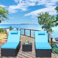 3-Piece Outdoor Patio Furniture Set Chaise Lounge, Patio Reclining Rattan Lounge Chair Chaise Couch Cushioned With Glass Coffee Table, Adjustable Back And Feet, Lounger Chair For Pool Garden, Blue