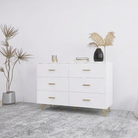 High Glossy Surface 6 Drawers Chest Of Drawer With Golden Handle And Golden Steel Legs White Color Vanity