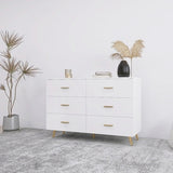 High Glossy Surface 6 Drawers Chest Of Drawer With Golden Handle And Golden Steel Legs White Color Vanity