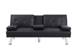 Black PU 66inch Sleeper Sofa,2-seat Sofa With Cup Holder, Folding Sofa Bed, Accompany Two Head Pillows