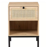 Wooden Nightstand With Woven Rattan Drawer Front - Stylish & Functional, Perfect For Home Decor