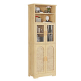 4-door, 6-story Display Cabinet With Rattan Surface And Triamine Board Veneer, In Natural Wood Color