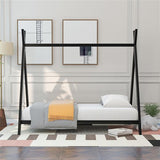 House Bed Tent Bed Frame Double Size Metal Floor Play House Bed With Slats For Kids Boys Girls No Spring Mattress Black