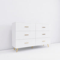 High Glossy Surface 6 Drawers Chest Of Drawer With Golden Handle And Golden Steel Legs White Color Vanity