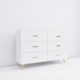 High Glossy Surface 6 Drawers Chest Of Drawer With Golden Handle And Golden Steel Legs White Color Vanity