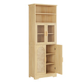 4-door, 6-story Display Cabinet With Rattan Surface And Triamine Board Veneer, In Natural Wood Color