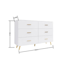 High Glossy Surface 6 Drawers Chest Of Drawer With Golden Handle And Golden Steel Legs White Color Vanity