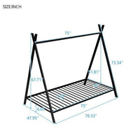 House Bed Tent Bed Frame Double Size Metal Floor Play House Bed With Slats For Kids Boys Girls No Spring Mattress Black