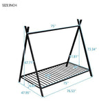 House Bed Tent Bed Frame Double Size Metal Floor Play House Bed With Slats For Kids Boys Girls No Spring Mattress Black