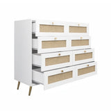 White Color 8 Drawers Chest Of Drawers With Rattan Drawer Face Golden Legs And Handles