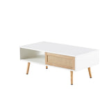 Rattan Coffee Table With Sliding Door And Solid Wood Legs - Modern Living Room