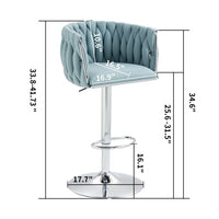 360 Fabric Cover Swivel Bar Stools Set Of 2, Adjustable Counter Height Bar Chairs With Woven Back & Footrest, Silver Chromed Bar Stools For Kitchen Island, Cafe, Pub