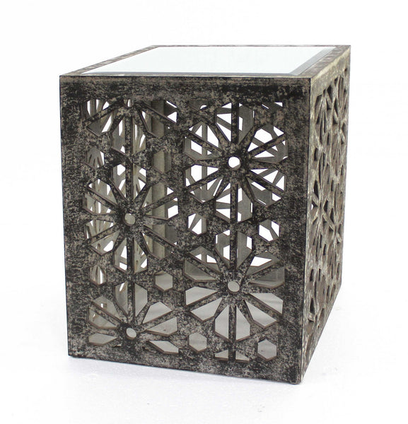 Gray Floral Mirrored Cube End Table