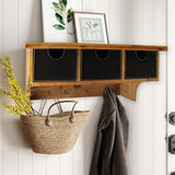 Brown Rustic Wooden Wall Shelf with 3 Drawers and Hooks