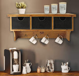 Brown Rustic Wooden Wall Shelf with 3 Drawers and Hooks
