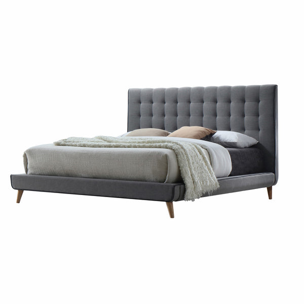 Light Gray Buttonless Tufted Fabric Queen Bed with Natural finish legs